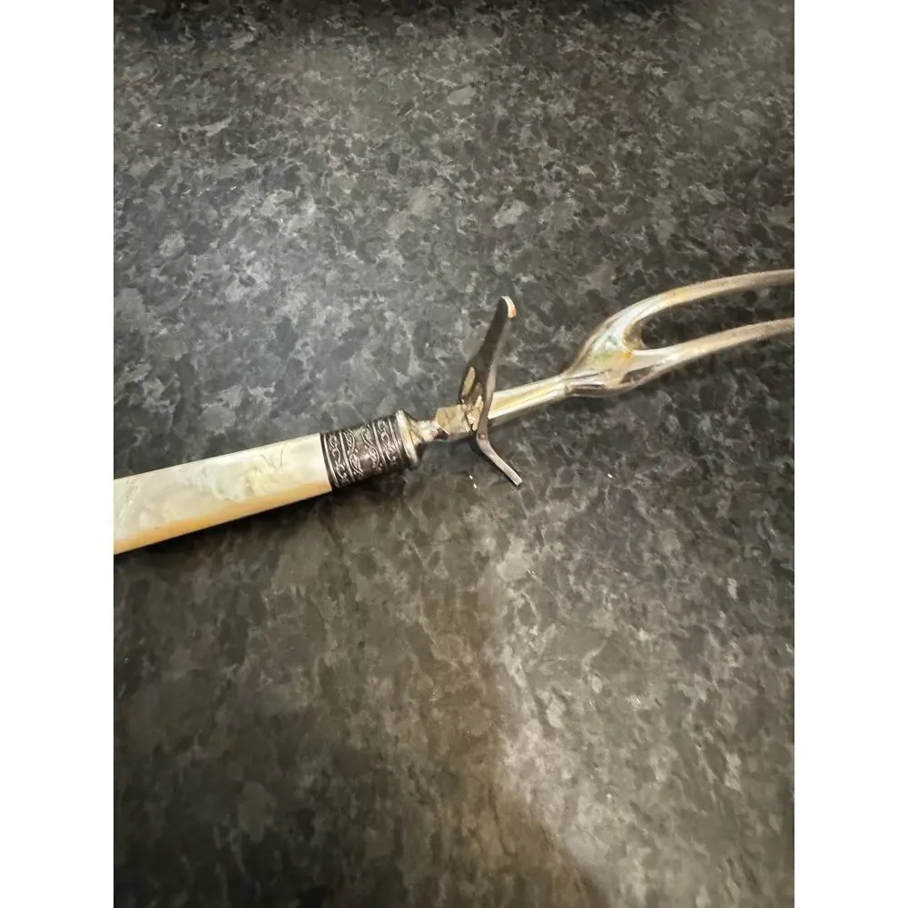 Antique Meriden Cutlery Co. Carving Set MOP Handle Knife Fork Silver Ferrule